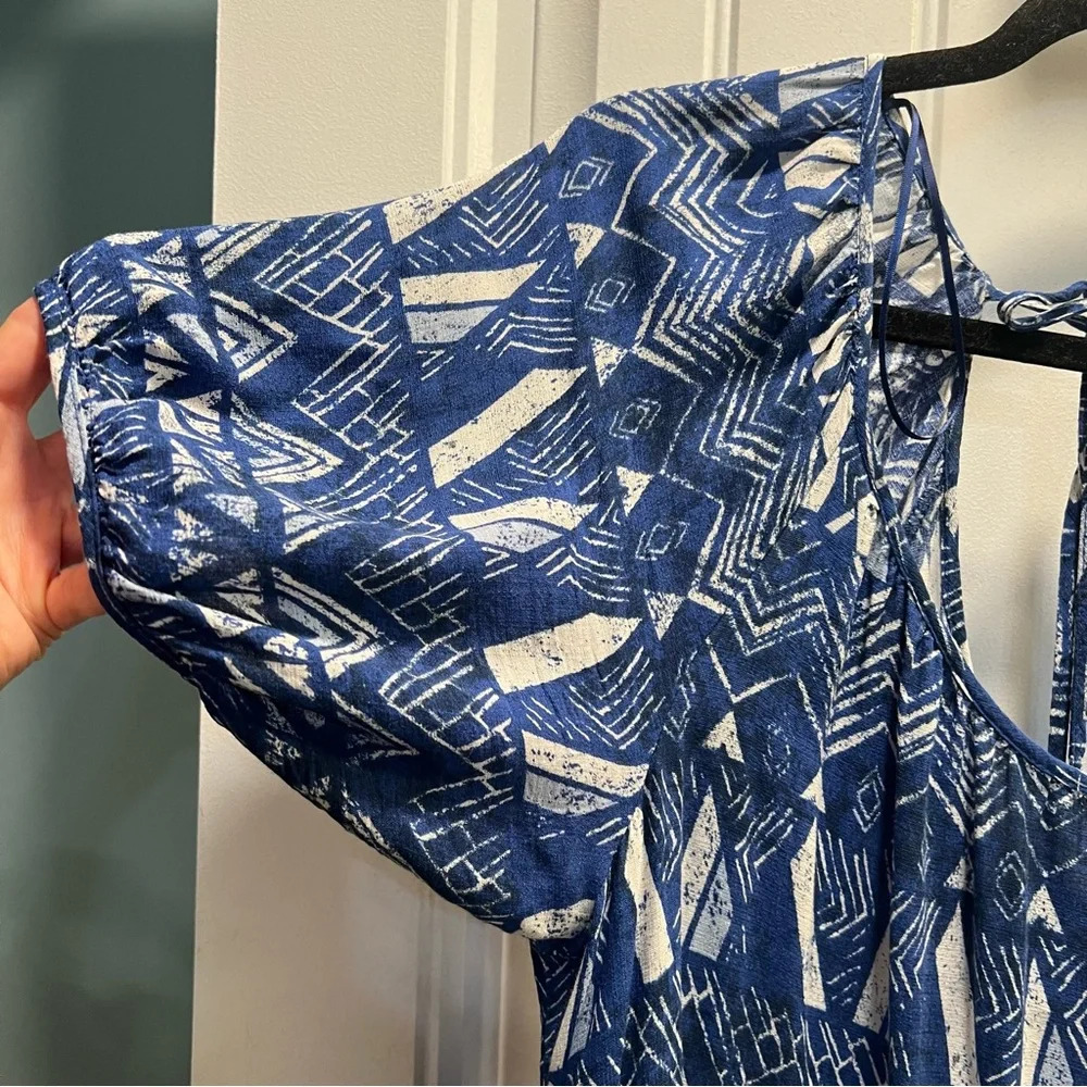 Knox Rose A-Line Blue Geometric Short-Sleeve Midi‎ Dress. Size Large. - Picture 8 of 13